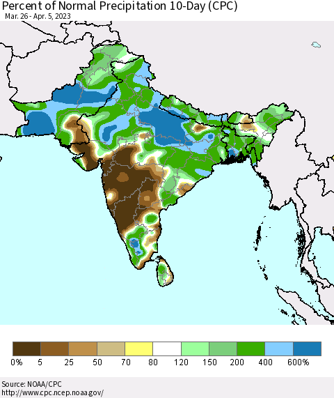 Southern Asia Percent of Normal Precipitation 10-Day (CPC) Thematic Map For 3/26/2023 - 4/5/2023