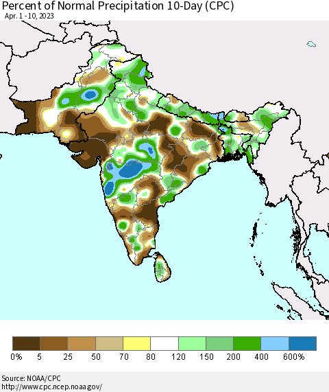 Southern Asia Percent of Normal Precipitation 10-Day (CPC) Thematic Map For 4/1/2023 - 4/10/2023