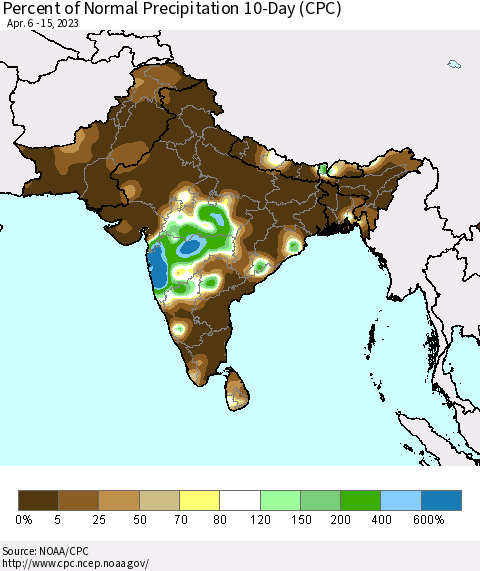 Southern Asia Percent of Normal Precipitation 10-Day (CPC) Thematic Map For 4/6/2023 - 4/15/2023