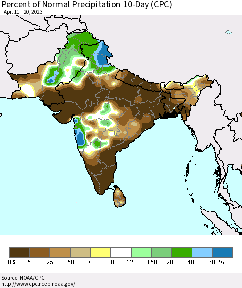 Southern Asia Percent of Normal Precipitation 10-Day (CPC) Thematic Map For 4/11/2023 - 4/20/2023