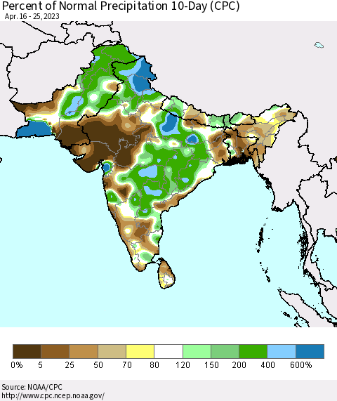 Southern Asia Percent of Normal Precipitation 10-Day (CPC) Thematic Map For 4/16/2023 - 4/25/2023