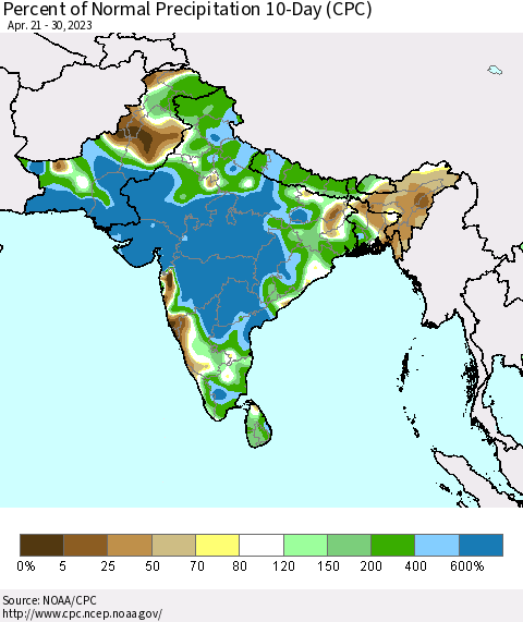 Southern Asia Percent of Normal Precipitation 10-Day (CPC) Thematic Map For 4/21/2023 - 4/30/2023