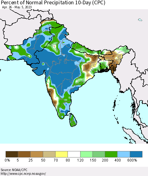 Southern Asia Percent of Normal Precipitation 10-Day (CPC) Thematic Map For 4/26/2023 - 5/5/2023