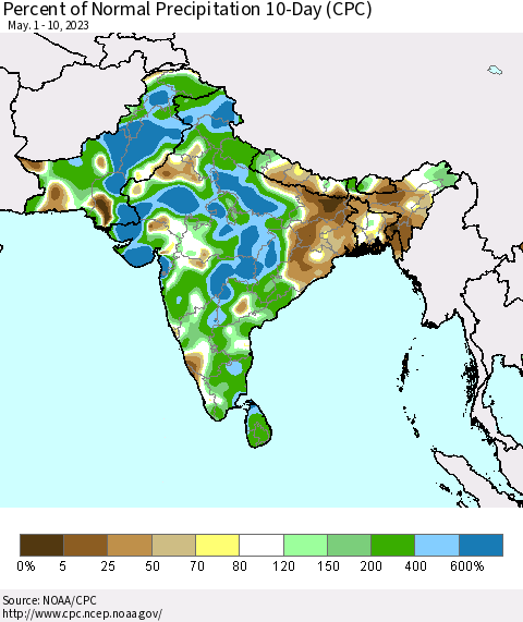 Southern Asia Percent of Normal Precipitation 10-Day (CPC) Thematic Map For 5/1/2023 - 5/10/2023