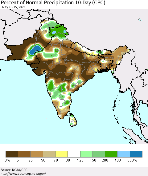 Southern Asia Percent of Normal Precipitation 10-Day (CPC) Thematic Map For 5/6/2023 - 5/15/2023