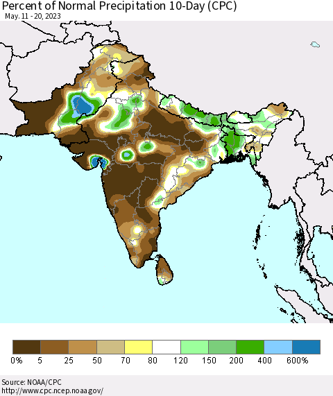 Southern Asia Percent of Normal Precipitation 10-Day (CPC) Thematic Map For 5/11/2023 - 5/20/2023