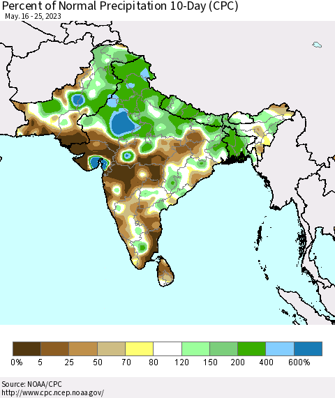 Southern Asia Percent of Normal Precipitation 10-Day (CPC) Thematic Map For 5/16/2023 - 5/25/2023