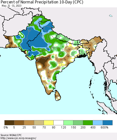 Southern Asia Percent of Normal Precipitation 10-Day (CPC) Thematic Map For 5/21/2023 - 5/31/2023