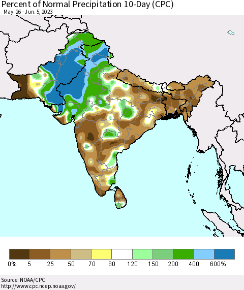 Southern Asia Percent of Normal Precipitation 10-Day (CPC) Thematic Map For 5/26/2023 - 6/5/2023