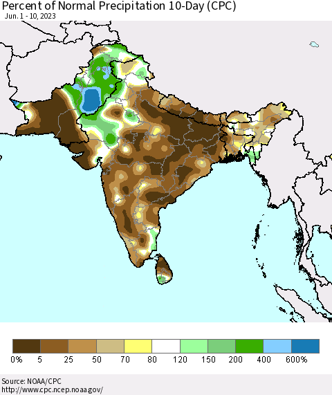 Southern Asia Percent of Normal Precipitation 10-Day (CPC) Thematic Map For 6/1/2023 - 6/10/2023