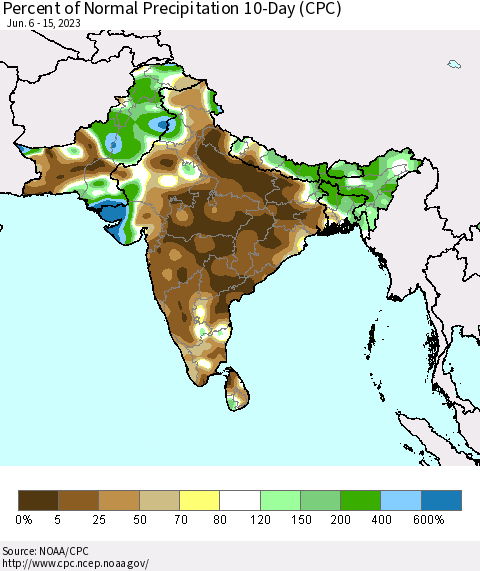 Southern Asia Percent of Normal Precipitation 10-Day (CPC) Thematic Map For 6/6/2023 - 6/15/2023