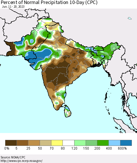 Southern Asia Percent of Normal Precipitation 10-Day (CPC) Thematic Map For 6/11/2023 - 6/20/2023