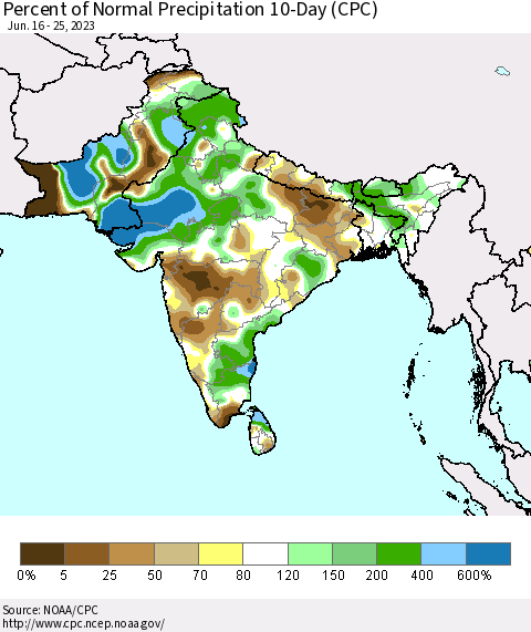 Southern Asia Percent of Normal Precipitation 10-Day (CPC) Thematic Map For 6/16/2023 - 6/25/2023