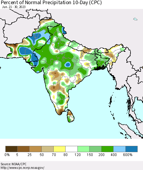 Southern Asia Percent of Normal Precipitation 10-Day (CPC) Thematic Map For 6/21/2023 - 6/30/2023
