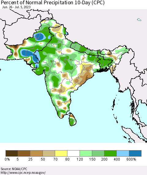 Southern Asia Percent of Normal Precipitation 10-Day (CPC) Thematic Map For 6/26/2023 - 7/5/2023