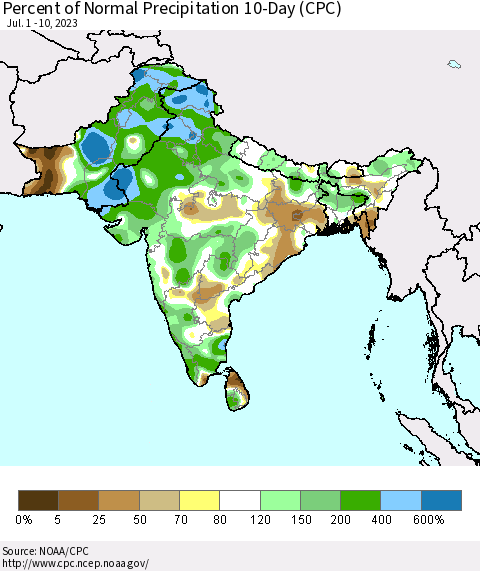 Southern Asia Percent of Normal Precipitation 10-Day (CPC) Thematic Map For 7/1/2023 - 7/10/2023