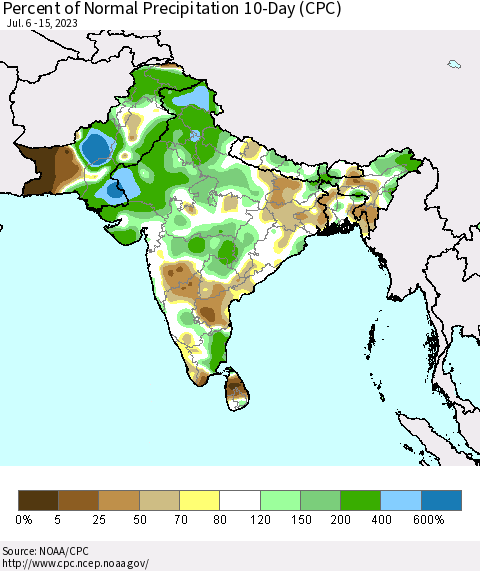 Southern Asia Percent of Normal Precipitation 10-Day (CPC) Thematic Map For 7/6/2023 - 7/15/2023