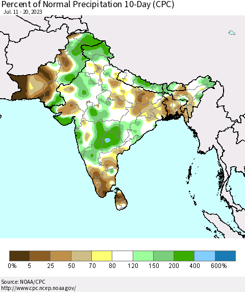 Southern Asia Percent of Normal Precipitation 10-Day (CPC) Thematic Map For 7/11/2023 - 7/20/2023
