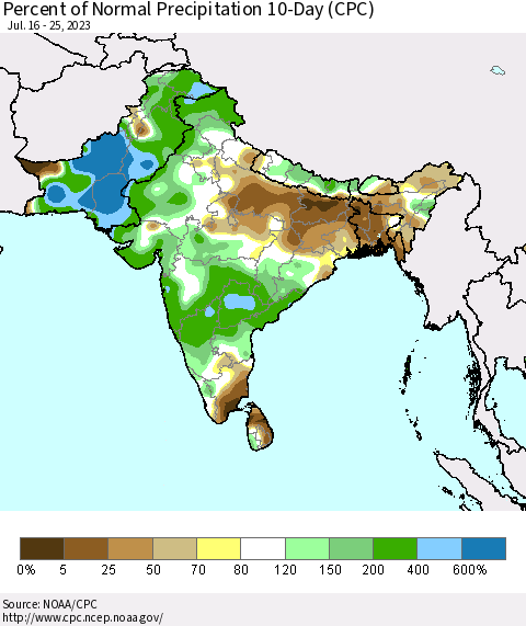 Southern Asia Percent of Normal Precipitation 10-Day (CPC) Thematic Map For 7/16/2023 - 7/25/2023