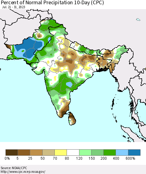 Southern Asia Percent of Normal Precipitation 10-Day (CPC) Thematic Map For 7/21/2023 - 7/31/2023