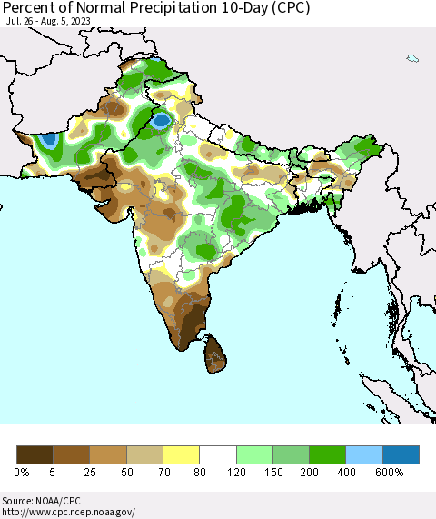 Southern Asia Percent of Normal Precipitation 10-Day (CPC) Thematic Map For 7/26/2023 - 8/5/2023