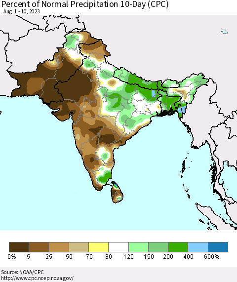 Southern Asia Percent of Normal Precipitation 10-Day (CPC) Thematic Map For 8/1/2023 - 8/10/2023