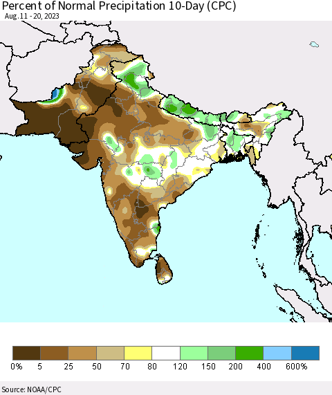 Southern Asia Percent of Normal Precipitation 10-Day (CPC) Thematic Map For 8/11/2023 - 8/20/2023