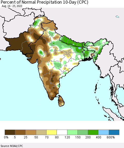 Southern Asia Percent of Normal Precipitation 10-Day (CPC) Thematic Map For 8/16/2023 - 8/25/2023