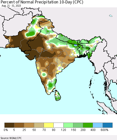 Southern Asia Percent of Normal Precipitation 10-Day (CPC) Thematic Map For 8/21/2023 - 8/31/2023