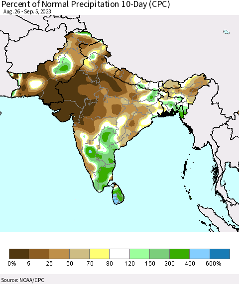 Southern Asia Percent of Normal Precipitation 10-Day (CPC) Thematic Map For 8/26/2023 - 9/5/2023