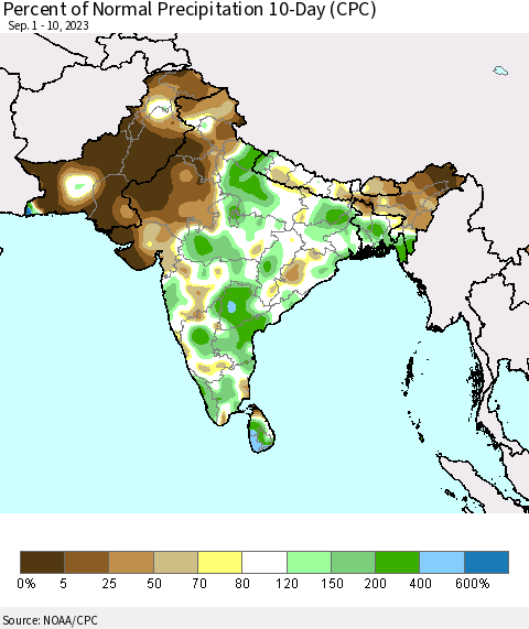Southern Asia Percent of Normal Precipitation 10-Day (CPC) Thematic Map For 9/1/2023 - 9/10/2023
