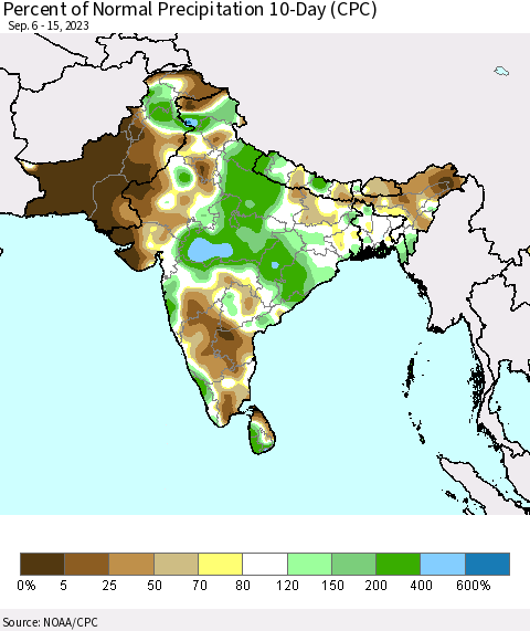 Southern Asia Percent of Normal Precipitation 10-Day (CPC) Thematic Map For 9/6/2023 - 9/15/2023