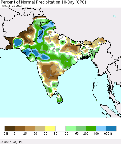 Southern Asia Percent of Normal Precipitation 10-Day (CPC) Thematic Map For 9/11/2023 - 9/20/2023