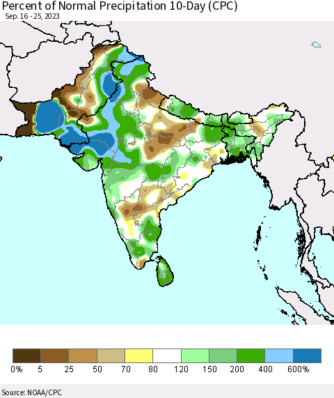 Southern Asia Percent of Normal Precipitation 10-Day (CPC) Thematic Map For 9/16/2023 - 9/25/2023