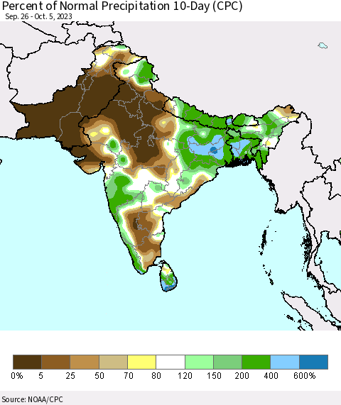 Southern Asia Percent of Normal Precipitation 10-Day (CPC) Thematic Map For 9/26/2023 - 10/5/2023