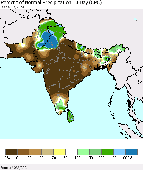 Southern Asia Percent of Normal Precipitation 10-Day (CPC) Thematic Map For 10/6/2023 - 10/15/2023