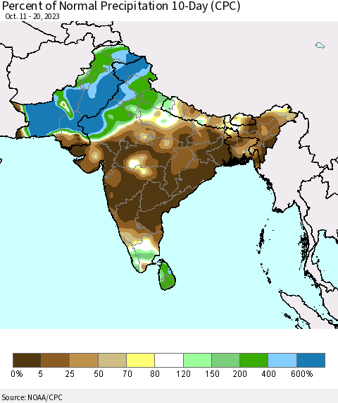 Southern Asia Percent of Normal Precipitation 10-Day (CPC) Thematic Map For 10/11/2023 - 10/20/2023