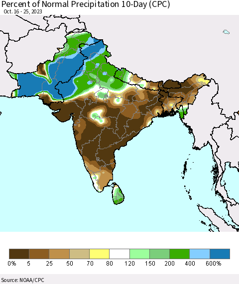 Southern Asia Percent of Normal Precipitation 10-Day (CPC) Thematic Map For 10/16/2023 - 10/25/2023