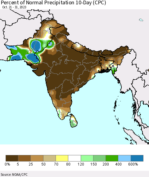 Southern Asia Percent of Normal Precipitation 10-Day (CPC) Thematic Map For 10/21/2023 - 10/31/2023