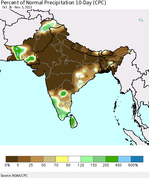 Southern Asia Percent of Normal Precipitation 10-Day (CPC) Thematic Map For 10/26/2023 - 11/5/2023