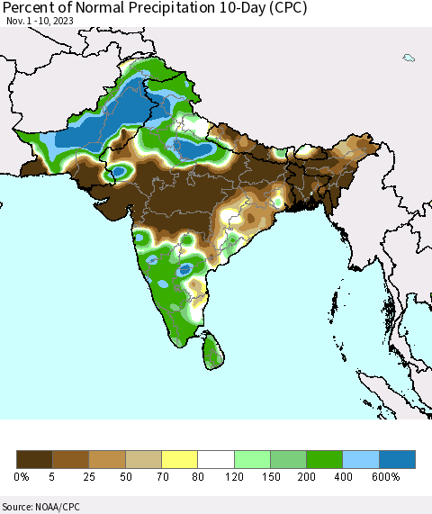 Southern Asia Percent of Normal Precipitation 10-Day (CPC) Thematic Map For 11/1/2023 - 11/10/2023