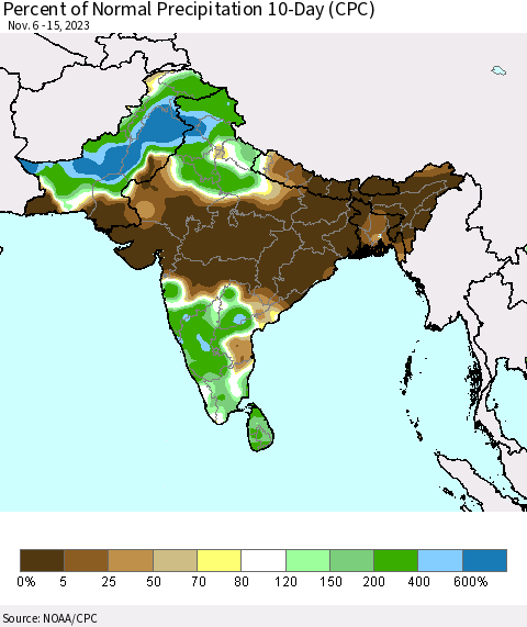 Southern Asia Percent of Normal Precipitation 10-Day (CPC) Thematic Map For 11/6/2023 - 11/15/2023