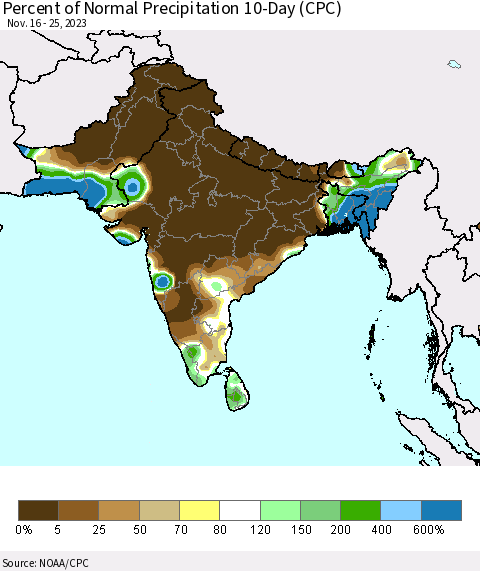 Southern Asia Percent of Normal Precipitation 10-Day (CPC) Thematic Map For 11/16/2023 - 11/25/2023