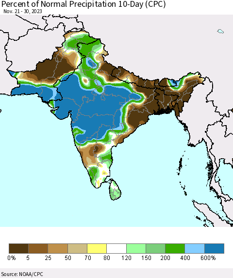 Southern Asia Percent of Normal Precipitation 10-Day (CPC) Thematic Map For 11/21/2023 - 11/30/2023