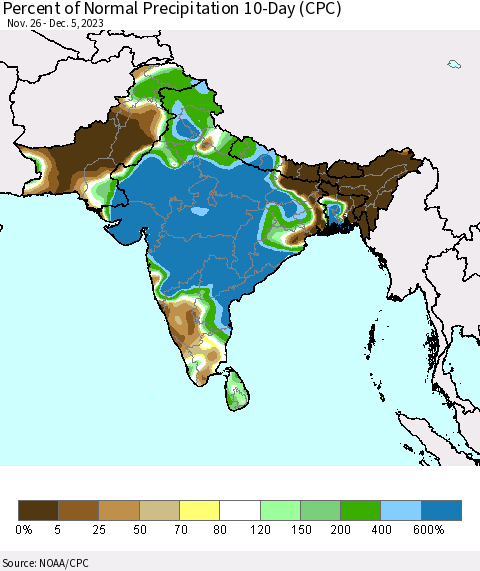 Southern Asia Percent of Normal Precipitation 10-Day (CPC) Thematic Map For 11/26/2023 - 12/5/2023