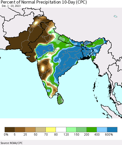 Southern Asia Percent of Normal Precipitation 10-Day (CPC) Thematic Map For 12/1/2023 - 12/10/2023