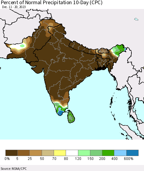 Southern Asia Percent of Normal Precipitation 10-Day (CPC) Thematic Map For 12/11/2023 - 12/20/2023