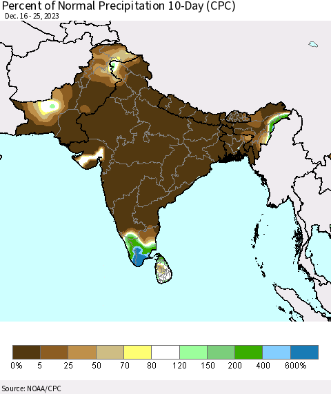 Southern Asia Percent of Normal Precipitation 10-Day (CPC) Thematic Map For 12/16/2023 - 12/25/2023