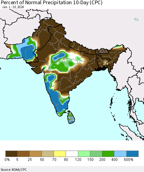 Southern Asia Percent of Normal Precipitation 10-Day (CPC) Thematic Map For 1/1/2024 - 1/10/2024
