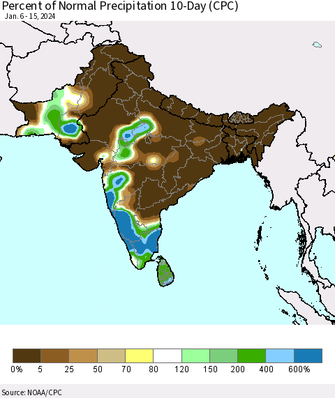 Southern Asia Percent of Normal Precipitation 10-Day (CPC) Thematic Map For 1/6/2024 - 1/15/2024